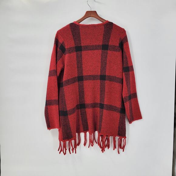 Adrienne Vittadini Womens Sweater Medium Red Plaid Cardigan Fringe Open Front - Picture 9 of 12